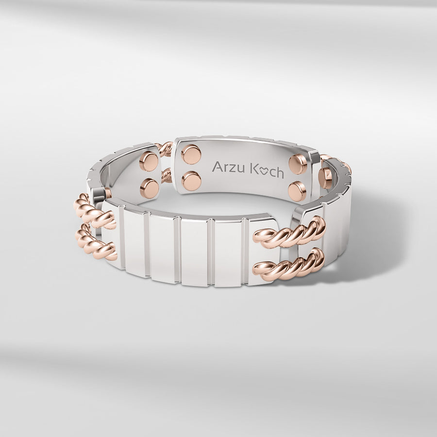 18k Solid Gold Link Sliced textured ring