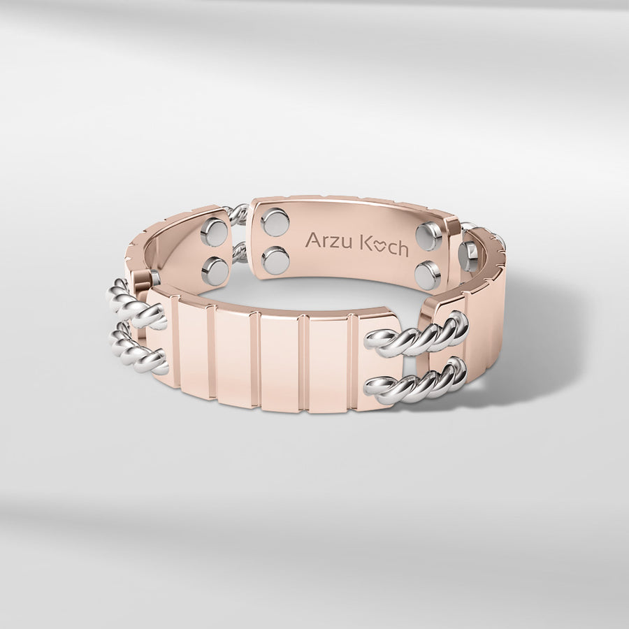 18k Solid Gold Link Sliced textured ring