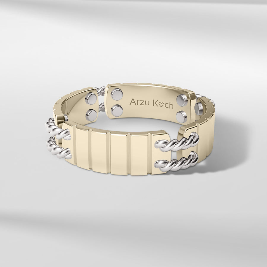 18k Solid Gold Link Sliced textured ring