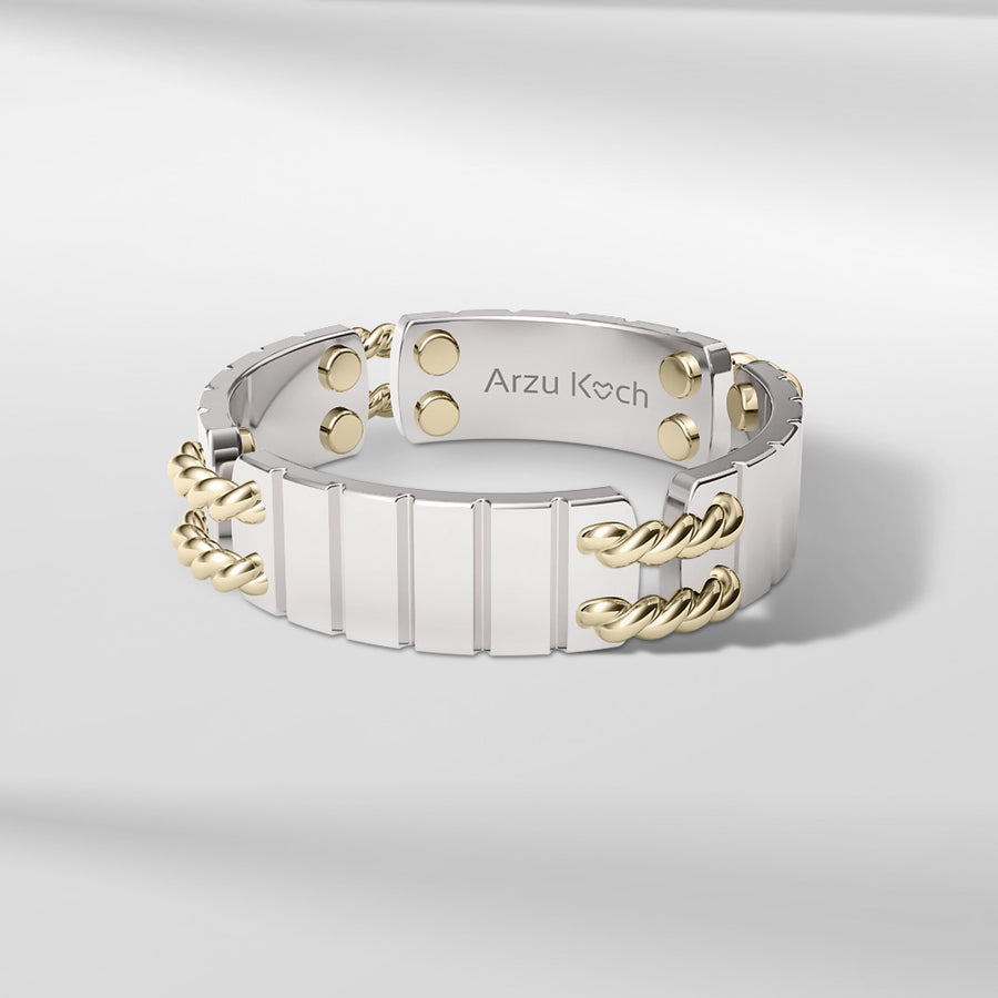 18k Solid Gold Link Sliced textured ring